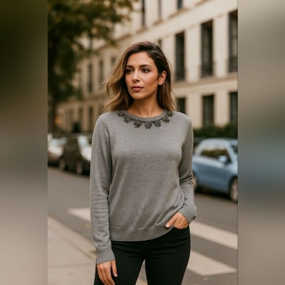 Lauren Ralph Lauren Gray Embellished Jewel Sweater L Lightweight Beaded Knit Top - Picture 1 of 8